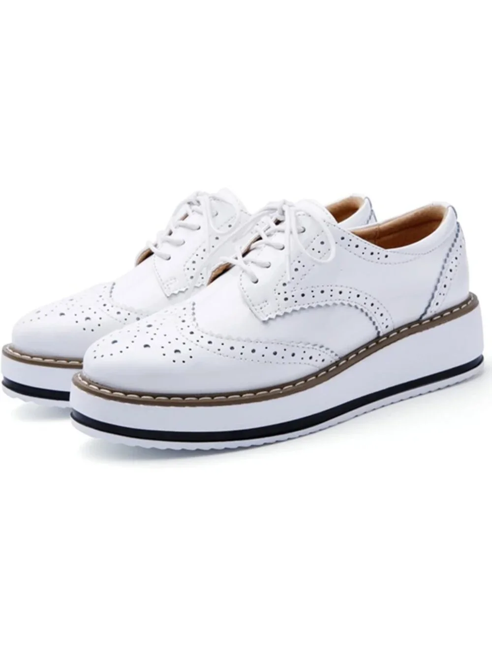 Women's Off-White Round Toe Lace Up Leather Oxford Shoes Wingtip White Platform